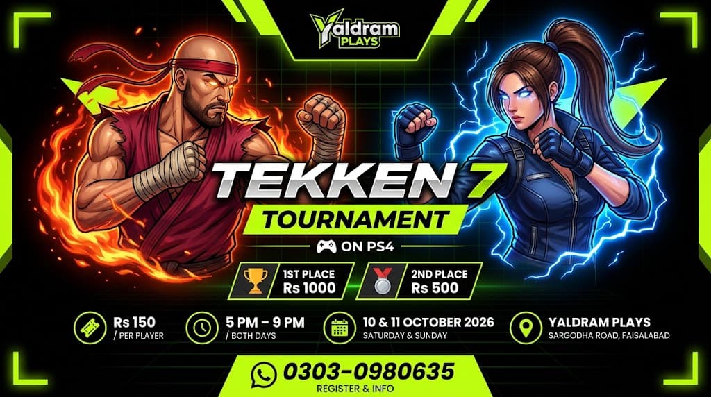Tekken 7 Tournament on PS4 at Yaldram Plays — 10 & 11 October 2026, entry Rs 150, 1st place Rs 1000, 2nd place Rs 500